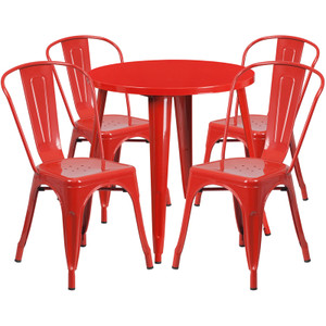 Commercial Grade 30" Round Red Metal Indoor-Outdoor Table Set with 4 Cafe Chairs Commercial Grade 30" Round Red Metal Indoor-Outdoor Table Set with 4 Cafe Chairs