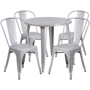 30'' Round Silver Metal Indoor-Outdoor Table Set with 4 Cafe Chairs 30'' Round Silver Metal Indoor-Outdoor Table Set with 4 Cafe Chairs