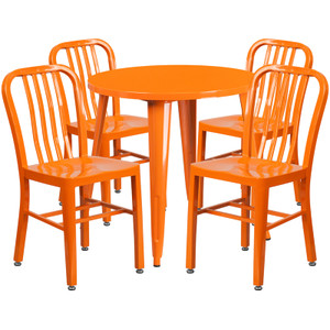 Commercial Grade 30" Round Orange Metal Indoor-Outdoor Table Set with 4 Vertical Slat Back Chairs Commercial Grade 30" Round Orange Metal Indoor-Outdoor Table Set with 4 Vertical Slat Back Chairs