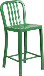 Commercial Grade 24" High Green Metal Indoor-Outdoor Counter Height Stool with Vertical Slat Back Commercial Grade 24" High Green Metal Indoor-Outdoor Counter Height Stool with Vertical Slat Back