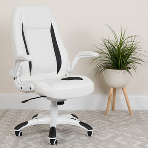 High Back White LeatherSoft Executive Swivel Ergonomic Office Chair with Flip-Up Arms High Back White LeatherSoft Executive Swivel Ergonomic Office Chair with Flip-Up Arms