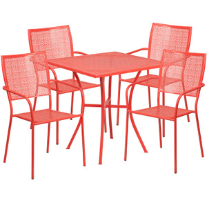 Commercial Grade 28" Square Coral Indoor-Outdoor Steel Patio Table Set with 4 Square Back Chairs Commercial Grade 28" Square Coral Indoor-Outdoor Steel Patio Table Set with 4 Square Back Chairs