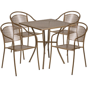 Commercial Grade 28" Square Gold Indoor-Outdoor Steel Patio Table Set with 4 Round Back Chairs Commercial Grade 28" Square Gold Indoor-Outdoor Steel Patio Table Set with 4 Round Back Chairs