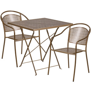 Commercial Grade 28" Square Gold Indoor-Outdoor Steel Folding Patio Table Set with 2 Round Back Chairs Commercial Grade 28" Square Gold Indoor-Outdoor Steel Folding Patio Table Set with 2 Round Back Chairs