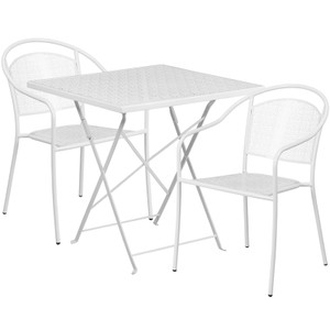 Commercial Grade 28" Square White Indoor-Outdoor Steel Folding Patio Table Set with 2 Round Back Chairs Commercial Grade 28" Square White Indoor-Outdoor Steel Folding Patio Table Set with 2 Round Back Chairs