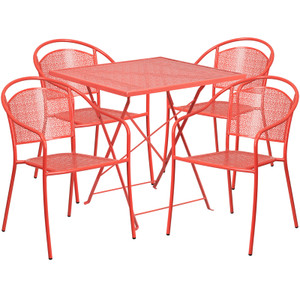 Commercial Grade 28" Square Coral Indoor-Outdoor Steel Folding Patio Table Set with 4 Round Back Chairs Commercial Grade 28" Square Coral Indoor-Outdoor Steel Folding Patio Table Set with 4 Round Back Chairs