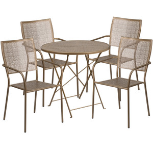 Commercial Grade 30" Round Gold Indoor-Outdoor Steel Folding Patio Table Set with 4 Square Back Chairs Commercial Grade 30" Round Gold Indoor-Outdoor Steel Folding Patio Table Set with 4 Square Back Chairs