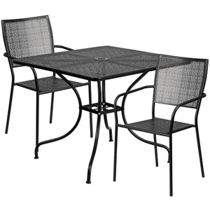 Commercial Grade 35.5" Square Black Indoor-Outdoor Steel Patio Table Set with 2 Square Back Chairs Commercial Grade 35.5" Square Black Indoor-Outdoor Steel Patio Table Set with 2 Square Back Chairs