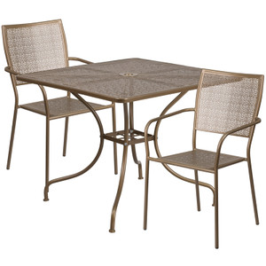 Commercial Grade 35.5" Square Gold Indoor-Outdoor Steel Patio Table Set with 2 Square Back Chairs Commercial Grade 35.5" Square Gold Indoor-Outdoor Steel Patio Table Set with 2 Square Back Chairs
