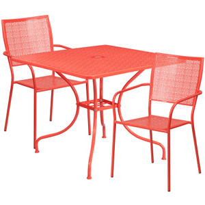 Commercial Grade 35.5" Square Coral Indoor-Outdoor Steel Patio Table Set with 2 Square Back Chairs Commercial Grade 35.5" Square Coral Indoor-Outdoor Steel Patio Table Set with 2 Square Back Chairs