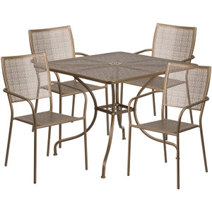 Commercial Grade 35.5" Square Gold Indoor-Outdoor Steel Patio Table Set with 4 Square Back Chairs Commercial Grade 35.5" Square Gold Indoor-Outdoor Steel Patio Table Set with 4 Square Back Chairs