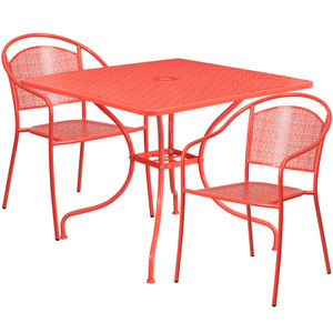 Commercial Grade 35.5" Square Coral Indoor-Outdoor Steel Patio Table Set with 2 Round Back Chairs Commercial Grade 35.5" Square Coral Indoor-Outdoor Steel Patio Table Set with 2 Round Back Chairs
