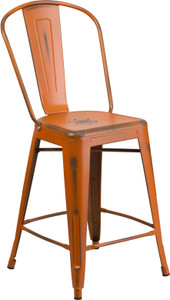 Commercial Grade 24" High Distressed Orange Metal Indoor-Outdoor Counter Height Stool with Back Commercial Grade 24" High Distressed Orange Metal Indoor-Outdoor Counter Height Stool with Back