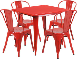 Commercial Grade 31.5" Square Red Metal Indoor-Outdoor Table Set with 4 Stack Chairs Commercial Grade 31.5" Square Red Metal Indoor-Outdoor Table Set with 4 Stack Chairs