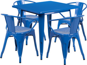 Commercial Grade 31.5" Square Blue Metal Indoor-Outdoor Table Set with 4 Arm Chairs Commercial Grade 31.5" Square Blue Metal Indoor-Outdoor Table Set with 4 Arm Chairs