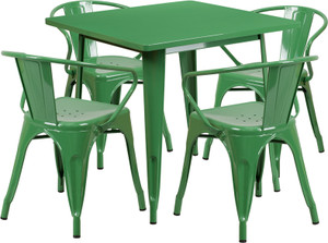 Commercial Grade 31.5" Square Green Metal Indoor-Outdoor Table Set with 4 Arm Chairs Commercial Grade 31.5" Square Green Metal Indoor-Outdoor Table Set with 4 Arm Chairs