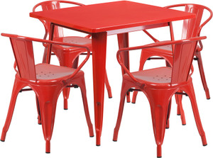 Commercial Grade 31.5" Square Red Metal Indoor-Outdoor Table Set with 4 Arm Chairs Commercial Grade 31.5" Square Red Metal Indoor-Outdoor Table Set with 4 Arm Chairs