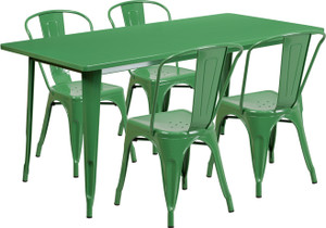 Commercial Grade 31.5" x 63" Rectangular Green Metal Indoor-Outdoor Table Set with 4 Stack Chairs Commercial Grade 31.5" x 63" Rectangular Green Metal Indoor-Outdoor Table Set with 4 Stack Chairs