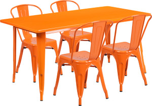 Commercial Grade 31.5" x 63" Rectangular Orange Metal Indoor-Outdoor Table Set with 4 Stack Chairs Commercial Grade 31.5" x 63" Rectangular Orange Metal Indoor-Outdoor Table Set with 4 Stack Chairs