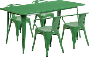 Commercial Grade 31.5" x 63" Rectangular Green Metal Indoor-Outdoor Table Set with 4 Arm Chairs Commercial Grade 31.5" x 63" Rectangular Green Metal Indoor-Outdoor Table Set with 4 Arm Chairs
