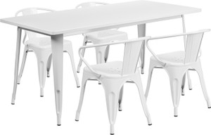 Commercial Grade 31.5" x 63" Rectangular White Metal Indoor-Outdoor Table Set with 4 Arm Chairs Commercial Grade 31.5" x 63" Rectangular White Metal Indoor-Outdoor Table Set with 4 Arm Chairs