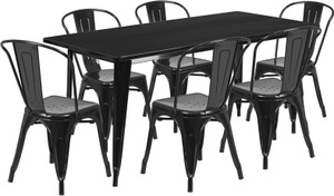 Commercial Grade 31.5" x 63" Rectangular Black Metal Indoor-Outdoor Table Set with 6 Stack Chairs Commercial Grade 31.5" x 63" Rectangular Black Metal Indoor-Outdoor Table Set with 6 Stack Chairs