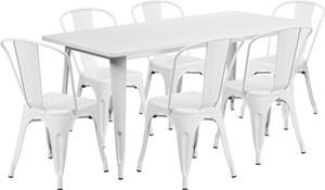 Commercial Grade 31.5" x 63" Rectangular White Metal Indoor-Outdoor Table Set with 6 Stack Chairs Commercial Grade 31.5" x 63" Rectangular White Metal Indoor-Outdoor Table Set with 6 Stack Chairs