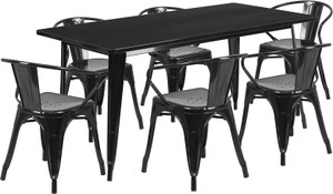 Commercial Grade 31.5" x 63" Rectangular Black Metal Indoor-Outdoor Table Set with 6 Arm Chairs Commercial Grade 31.5" x 63" Rectangular Black Metal Indoor-Outdoor Table Set with 6 Arm Chairs