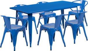 Commercial Grade 31.5" x 63" Rectangular Blue Metal Indoor-Outdoor Table Set with 6 Arm Chairs Commercial Grade 31.5" x 63" Rectangular Blue Metal Indoor-Outdoor Table Set with 6 Arm Chairs