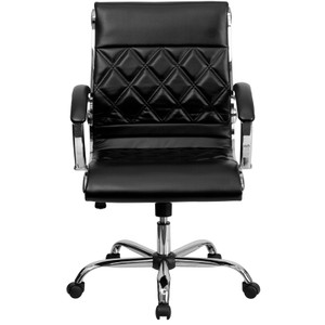 Mid-Back Designer Black Leather Executive Swivel Chair with Chrome Base and Arms Mid-Back Designer Black Leather Executive Swivel Chair with Chrome Base and Arms