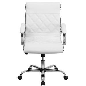 Mid-Back Designer White Leather Executive Swivel Chair with Chrome Base and Arms Mid-Back Designer White Leather Executive Swivel Chair with Chrome Base and Arms