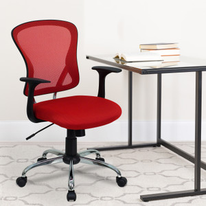 Mid-Back Red Mesh Swivel Task Office Chair with Chrome Base and Arms Mid-Back Red Mesh Swivel Task Office Chair with Chrome Base and Arms