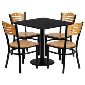 30'' Square Black Laminate Table Set with 4 Wood Slat Back Metal Chairs - Natural Wood Seat 30'' Square Black Laminate Table Set with 4 Wood Slat Back Metal Chairs - Natural Wood Seat