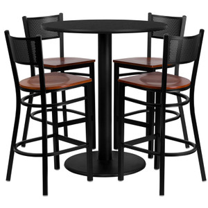36'' Round Black Laminate Table Set with 4 Grid Back Metal Barstools - Cherry Wood Seat 36'' Round Black Laminate Table Set with 4 Grid Back Metal Barstools - Cherry Wood Seat
