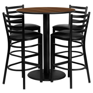 36'' Round Walnut Laminate Table Set with 4 Ladder Back Metal Barstools - Black Vinyl Seat 36'' Round Walnut Laminate Table Set with 4 Ladder Back Metal Barstools - Black Vinyl Seat