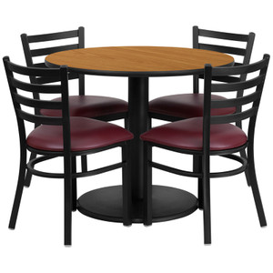 36'' Round Natural Laminate Table Set with Round Base and 4 Ladder Back Metal Chairs - Burgundy Vinyl Seat 36'' Round Natural Laminate Table Set with Round Base and 4 Ladder Back Metal Chairs - Burgundy Vinyl Seat