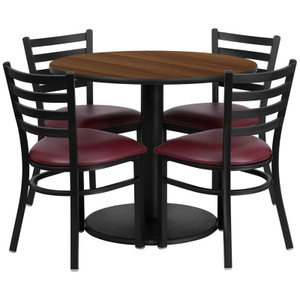 36'' Round Walnut Laminate Table Set with Round Base and 4 Ladder Back Metal Chairs - Burgundy Vinyl Seat 36'' Round Walnut Laminate Table Set with Round Base and 4 Ladder Back Metal Chairs - Burgundy Vinyl Seat