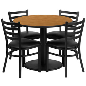 36'' Round Natural Laminate Table Set with Round Base and 4 Ladder Back Metal Chairs - Black Vinyl Seat 36'' Round Natural Laminate Table Set with Round Base and 4 Ladder Back Metal Chairs - Black Vinyl Seat