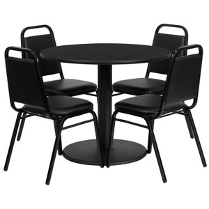 36'' Round Black Laminate Table Set with Round Base and 4 Black Trapezoidal Back Banquet Chairs 36'' Round Black Laminate Table Set with Round Base and 4 Black Trapezoidal Back Banquet Chairs