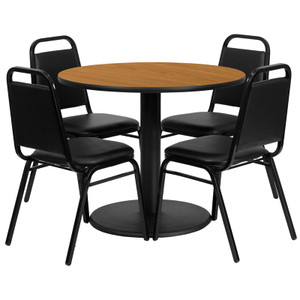 36'' Round Natural Laminate Table Set with Round Base and 4 Black Trapezoidal Back Banquet Chairs 36'' Round Natural Laminate Table Set with Round Base and 4 Black Trapezoidal Back Banquet Chairs