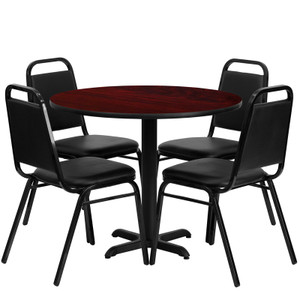36'' Round Mahogany Laminate Table Set with X-Base and 4 Black Trapezoidal Back Banquet Chairs 36'' Round Mahogany Laminate Table Set with X-Base and 4 Black Trapezoidal Back Banquet Chairs