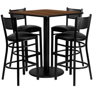 36'' Square Walnut Laminate Table Set with 4 Grid Back Metal Barstools - Black Vinyl Seat 36'' Square Walnut Laminate Table Set with 4 Grid Back Metal Barstools - Black Vinyl Seat