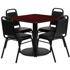 36'' Square Mahogany Laminate Table Set with Round Base and 4 Black Trapezoidal Back Banquet Chairs 36'' Square Mahogany Laminate Table Set with Round Base and 4 Black Trapezoidal Back Banquet Chairs