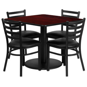 36'' Square Mahogany Laminate Table Set with Round Base and 4 Ladder Back Metal Chairs - Black Vinyl Seat 36'' Square Mahogany Laminate Table Set with Round Base and 4 Ladder Back Metal Chairs - Black Vinyl Seat