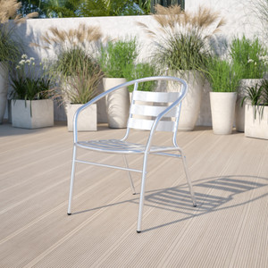 Commercial Aluminum Indoor-Outdoor Restaurant Stack Chair with Triple Slat Back and Arms Commercial Aluminum Indoor-Outdoor Restaurant Stack Chair with Triple Slat Back and Arms