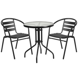 23.75'' Round Glass Metal Table with 2 Black Metal Aluminum Slat Stack Chairs 23.75'' Round Glass Metal Table with 2 Black Metal Aluminum Slat Stack Chairs