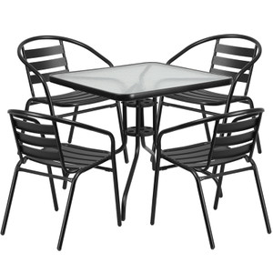 31.5'' Square Glass Metal Table with 4 Black Metal Aluminum Slat Stack Chairs 31.5'' Square Glass Metal Table with 4 Black Metal Aluminum Slat Stack Chairs