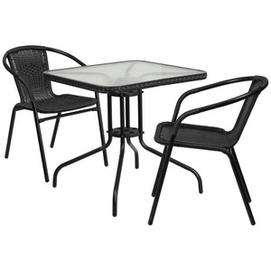 28'' Square Glass Metal Table with Black Rattan Edging and 2 Black Rattan Stack Chairs 28'' Square Glass Metal Table with Black Rattan Edging and 2 Black Rattan Stack Chairs