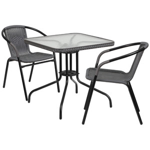 28'' Square Glass Metal Table with Gray Rattan Edging and 2 Gray Rattan Stack Chairs 28'' Square Glass Metal Table with Gray Rattan Edging and 2 Gray Rattan Stack Chairs