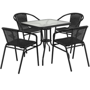 28'' Square Glass Metal Table with Black Rattan Edging and 4 Black Rattan Stack Chairs 28'' Square Glass Metal Table with Black Rattan Edging and 4 Black Rattan Stack Chairs